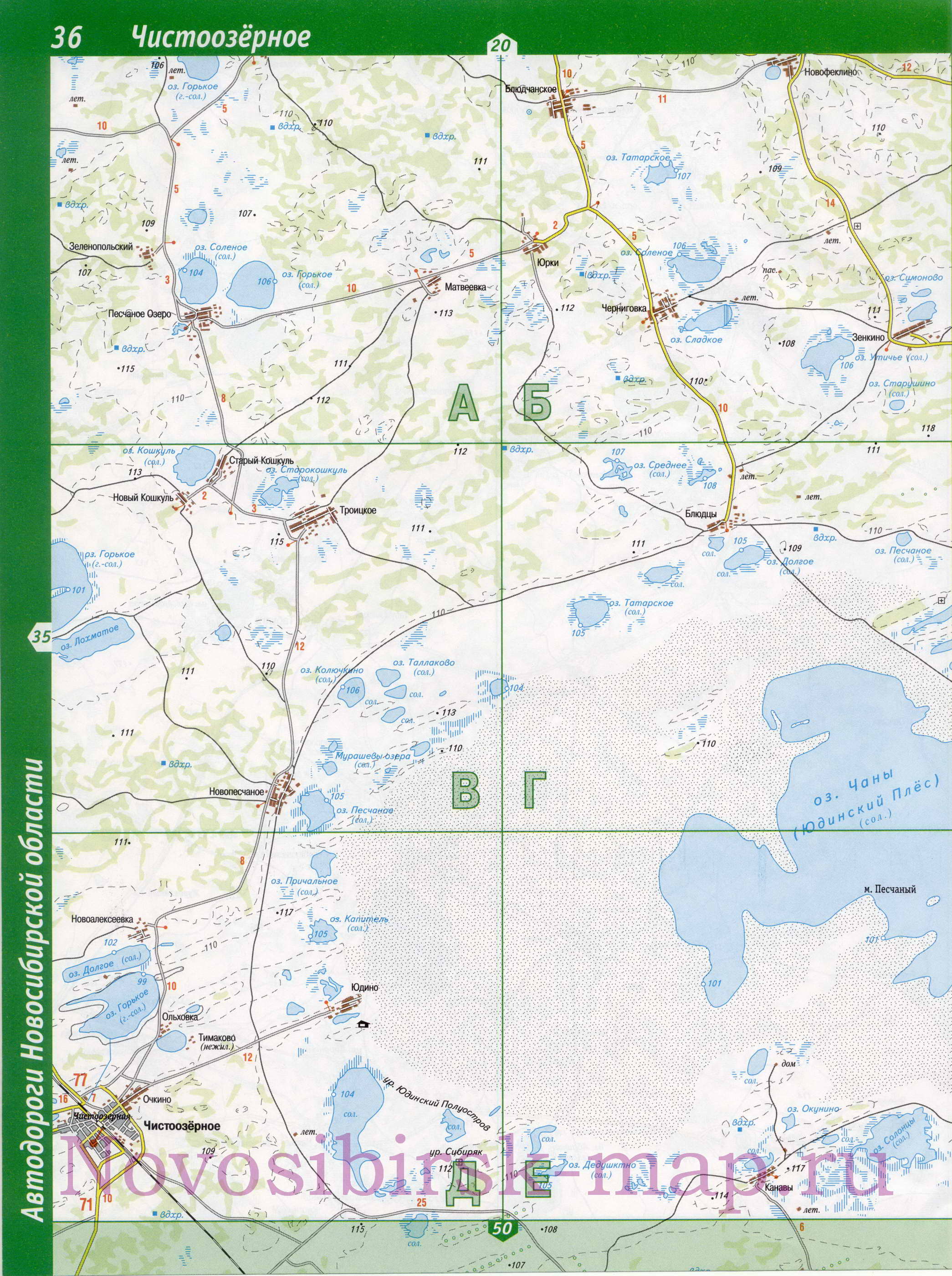 Карта Чистоозерного района Новосибирской области. Подробная карта автодорог - Чистоозерный район, B0 - 