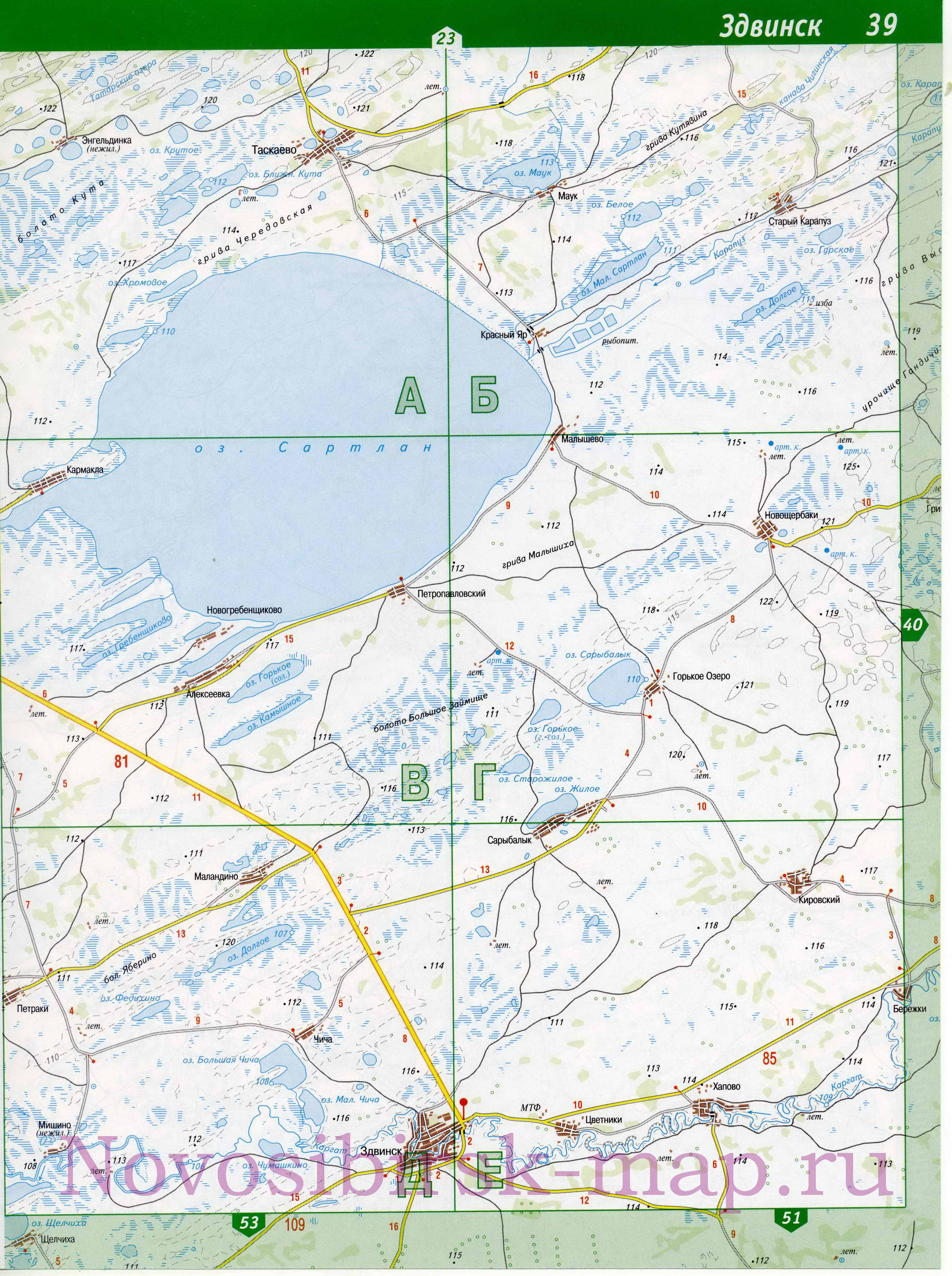 Карта Здвинского района Новосибирской области. Карта автомобильных дорог - Здвинский район, B0 - 